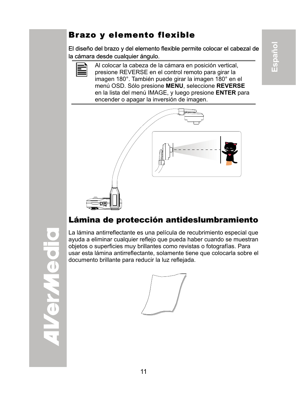 Especificaciones técnicas, Brazo y elemento flexible, Lámina de protección antideslumbramiento | AVer CP155 user manual User Manual | Page 14 / 30