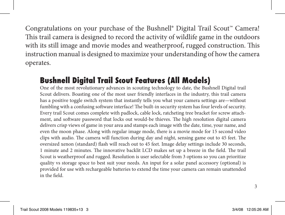 Bushnell digital trail scout features (all models) | Bushnell 119907 User Manual | Page 3 / 28