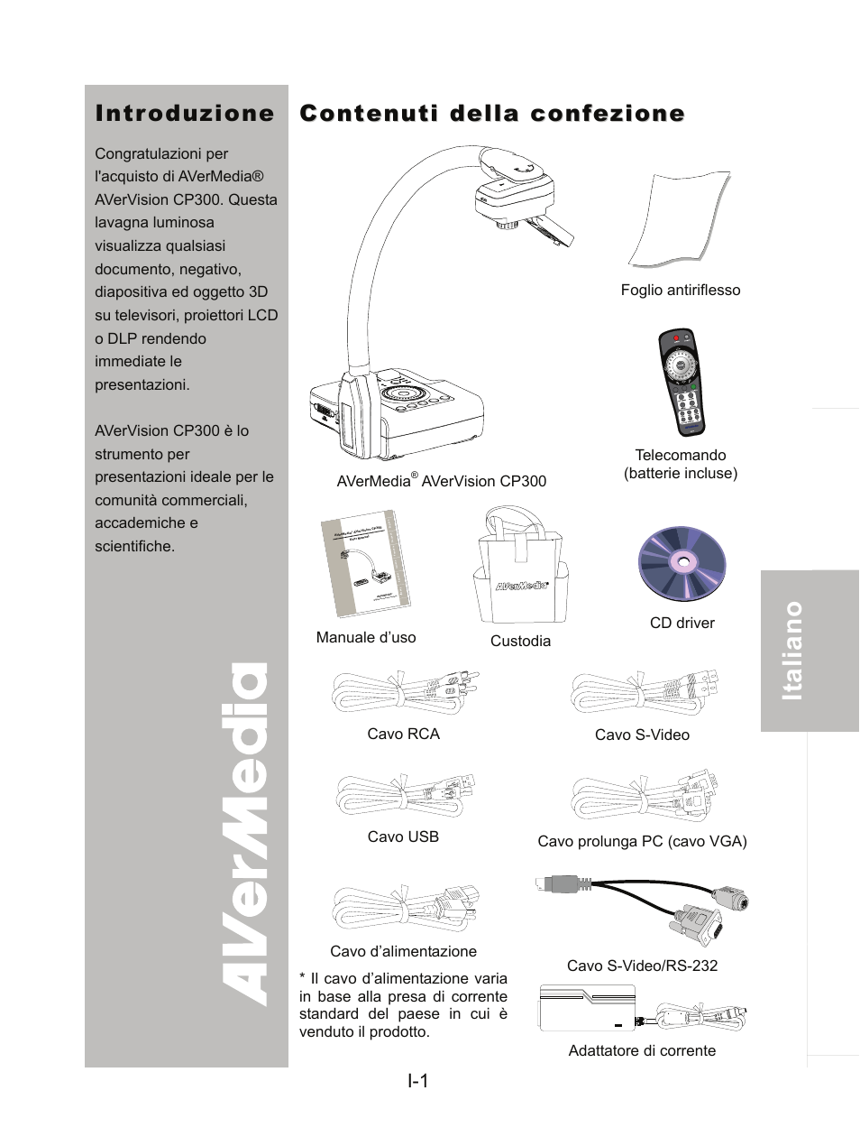 Introduzione, Contenuti della confezione | AVer CP300 User Manual | Page 101 / 192