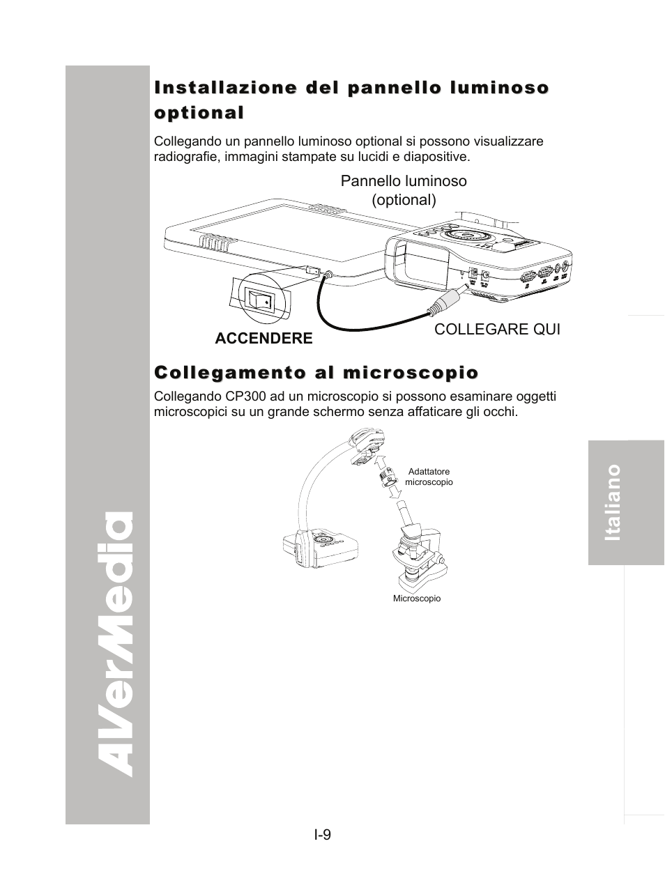 Installazione del pannello luminoso optional, Collegamento al microscopio | AVer CP300 User Manual | Page 109 / 192