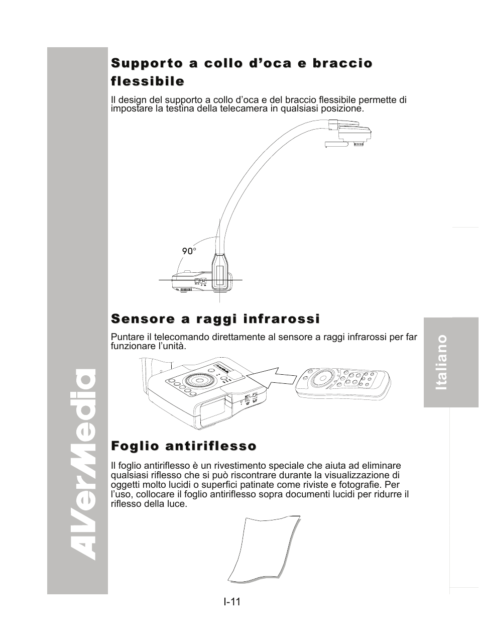 Supporto a collo d’oca e braccio flessibile, Sensore a raggi infrarossi, Foglio antiriflesso | AVer CP300 User Manual | Page 111 / 192