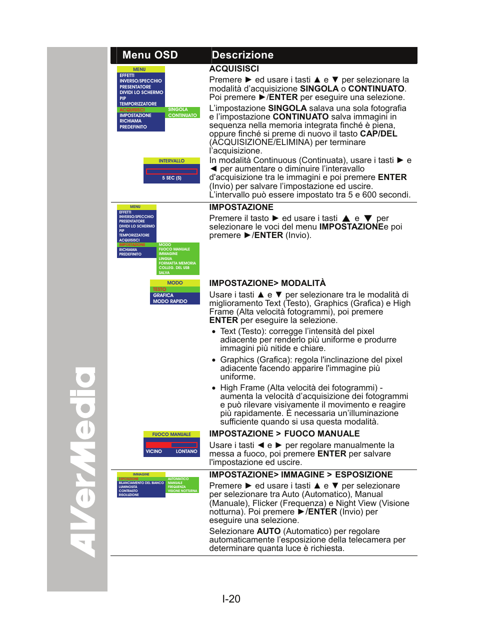 I-20, Menu osd descrizione | AVer CP300 User Manual | Page 120 / 192