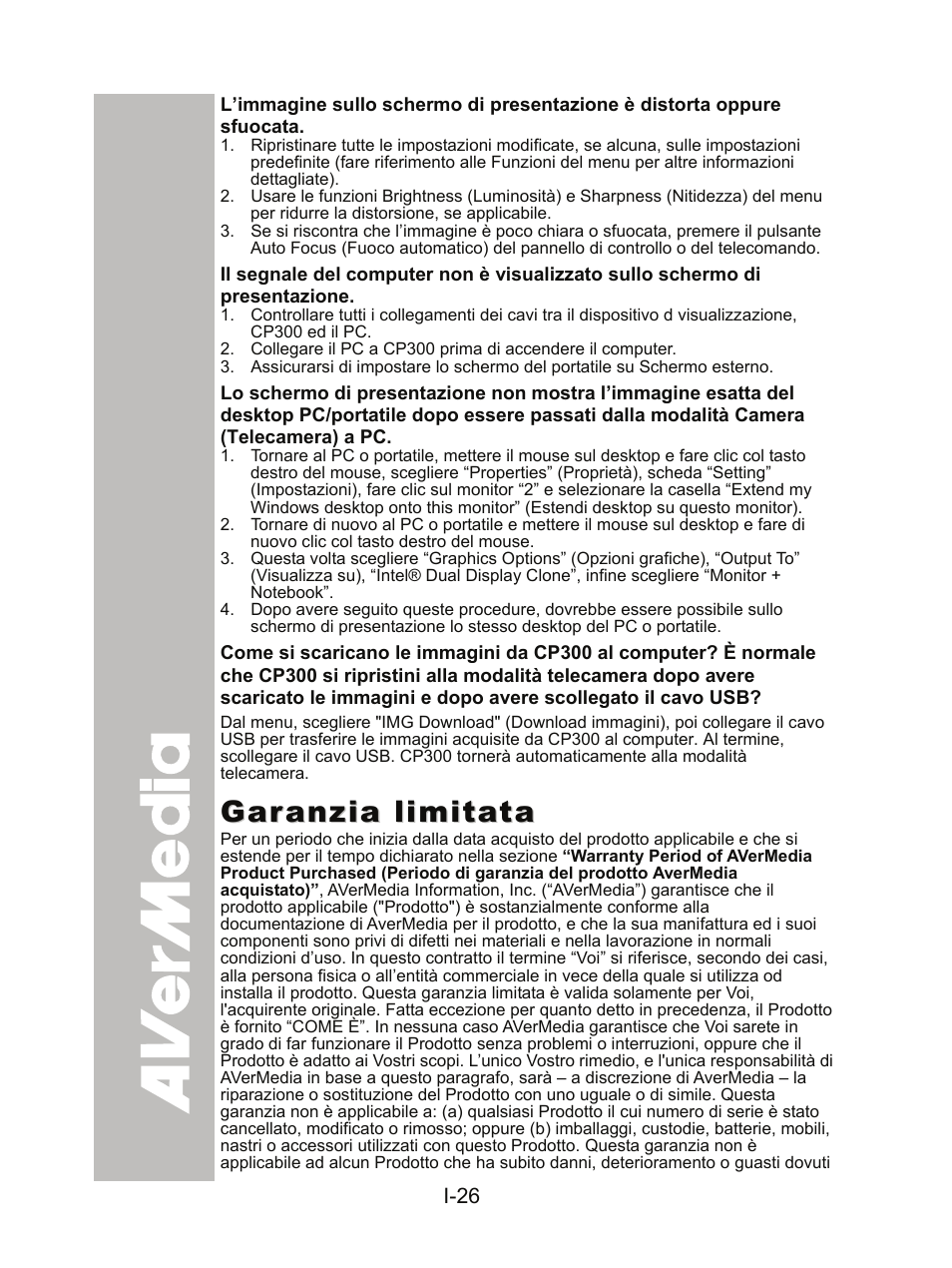 Garanzia limitata | AVer CP300 User Manual | Page 126 / 192