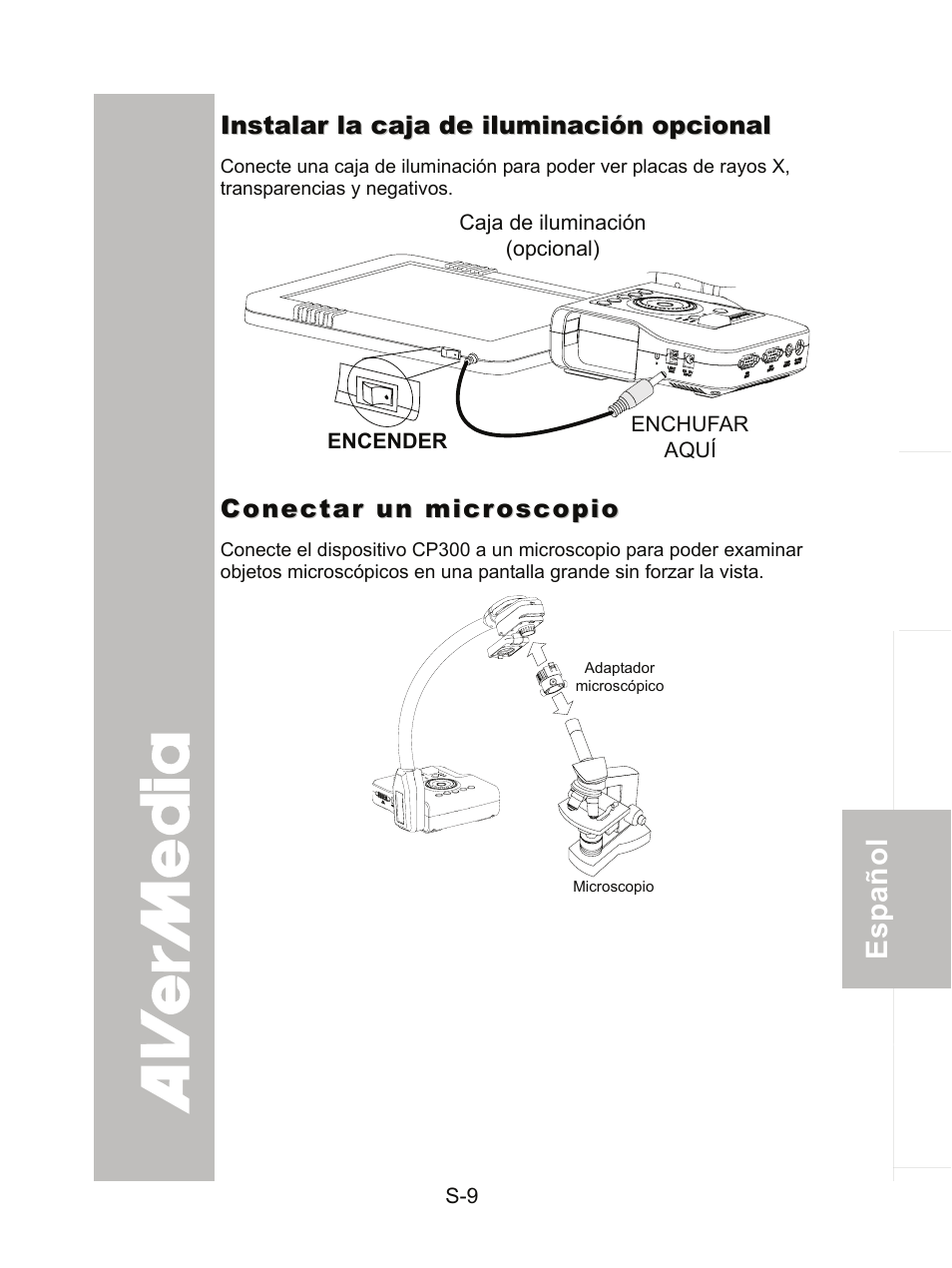 Instalar la caja de iluminación opcional, Conectar un microscopio | AVer CP300 User Manual | Page 140 / 192