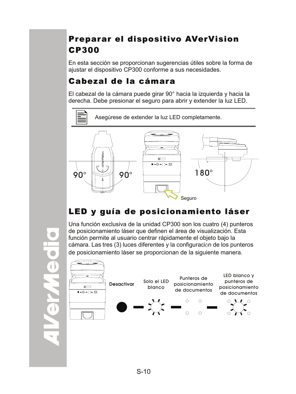 Preparar el dispositivo avervision cp300, Cabezal de la cámara, Led y guía de posicionamiento láser | Preparar el dispositivo avervision cp300... s-10 | AVer CP300 User Manual | Page 141 / 192