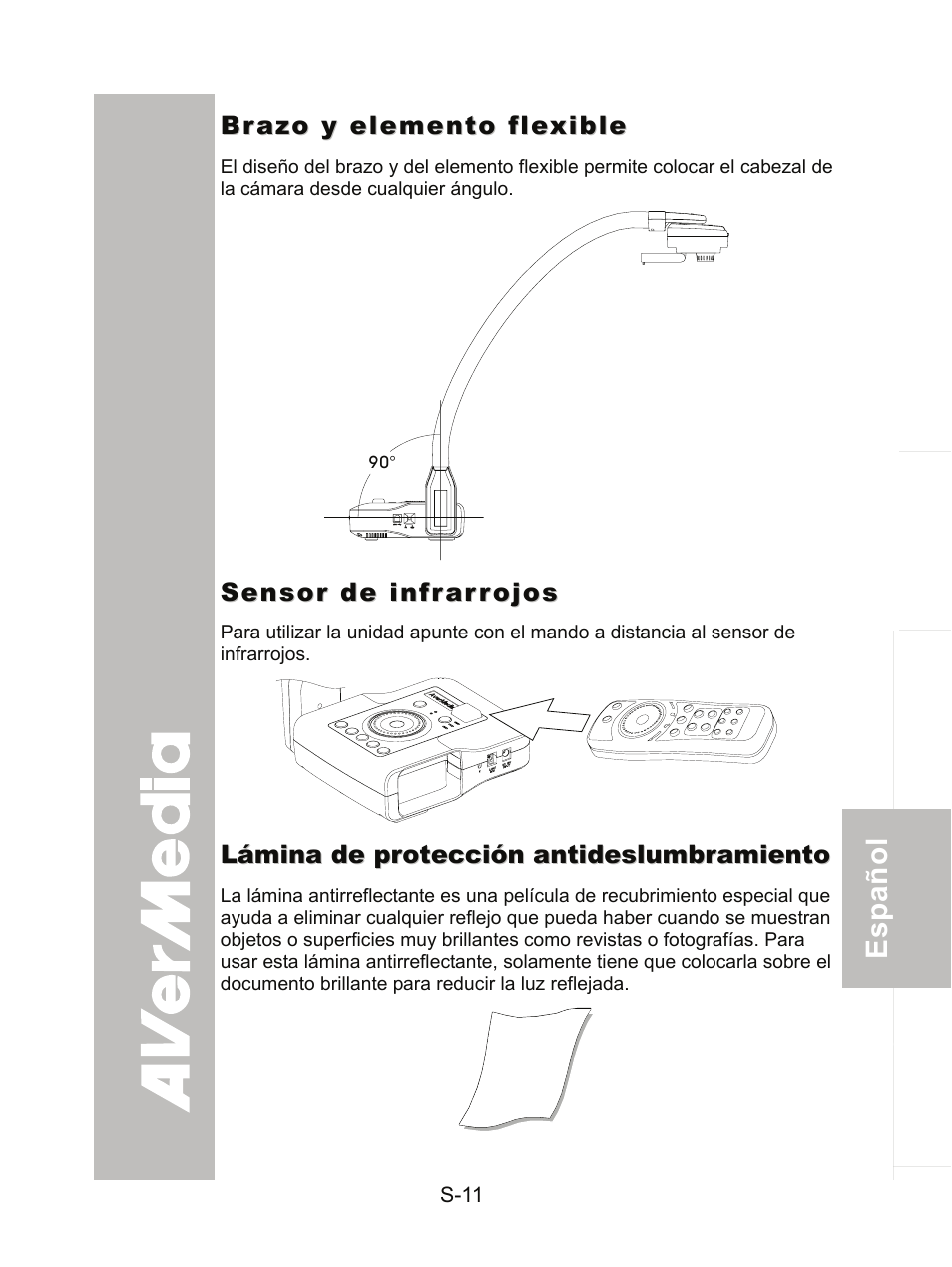 Brazo y elemento flexible, Sensor de infrarrojos, Lámina de protección antideslumbramiento | AVer CP300 User Manual | Page 142 / 192