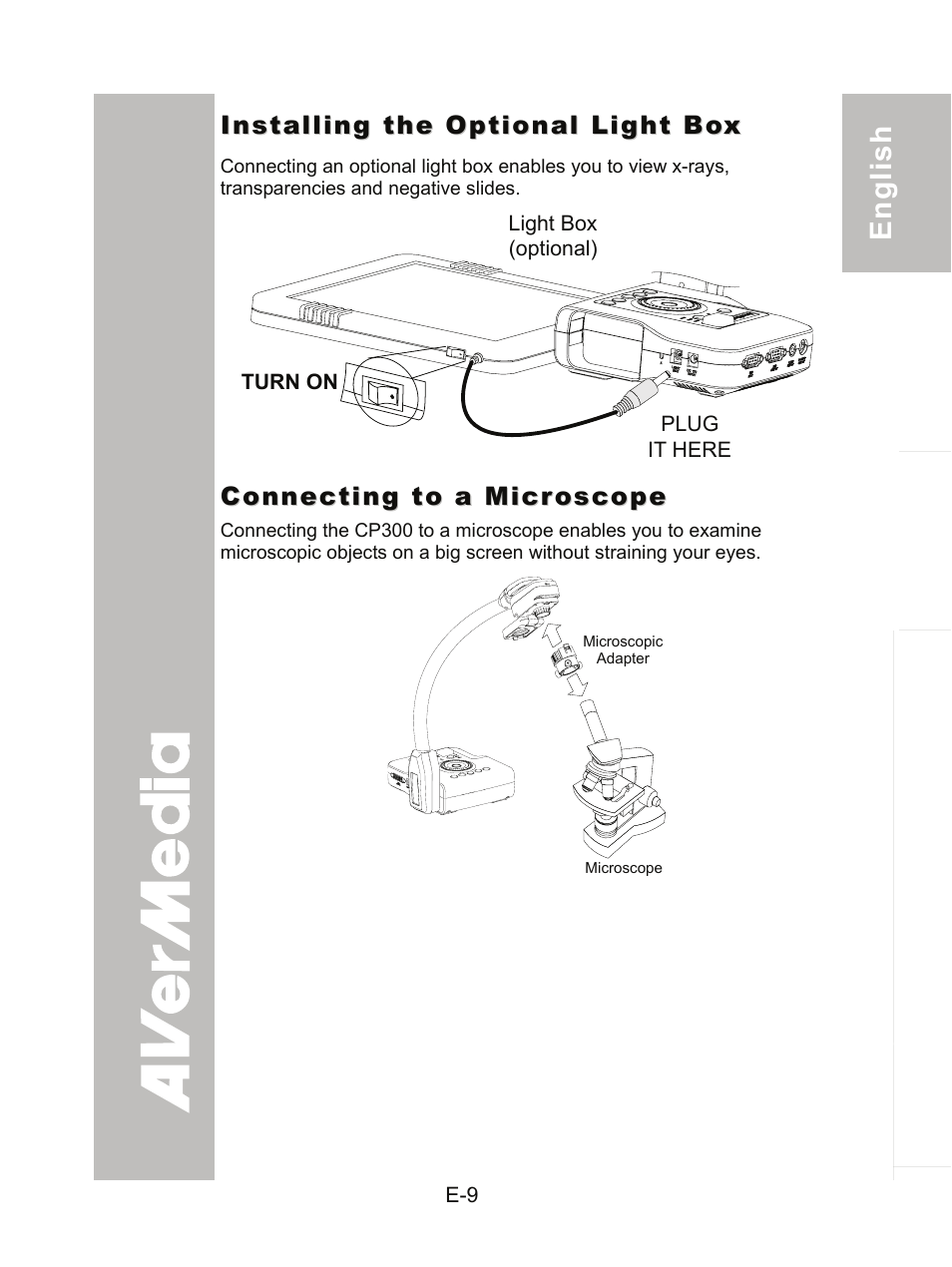 Installing the optional light box, Connecting to a microscope | AVer CP300 User Manual | Page 15 / 192