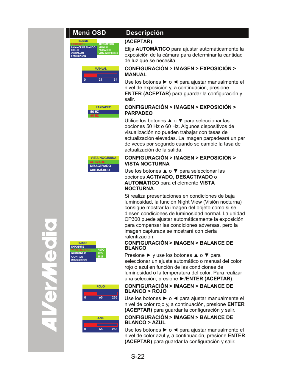 S-22, Menú osd descripción | AVer CP300 User Manual | Page 153 / 192