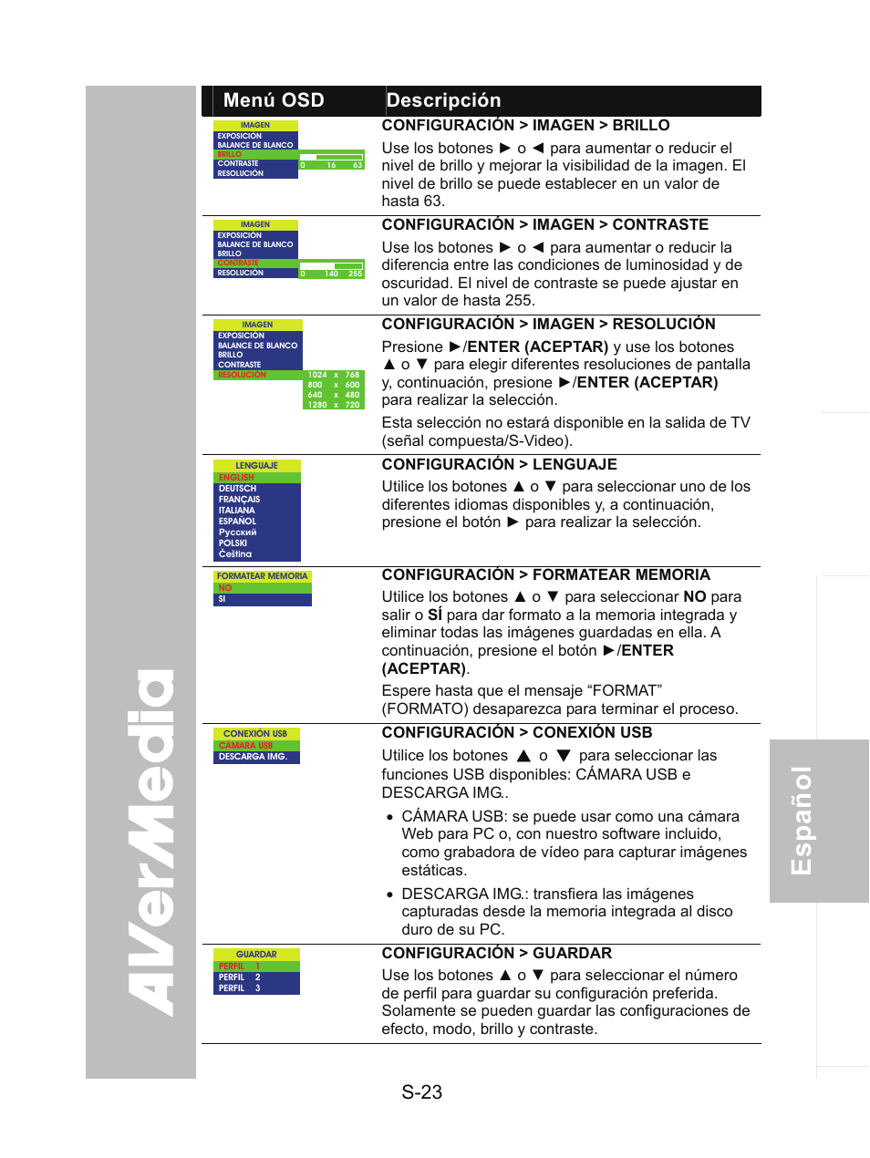 S-23, Menú osd descripción | AVer CP300 User Manual | Page 154 / 192