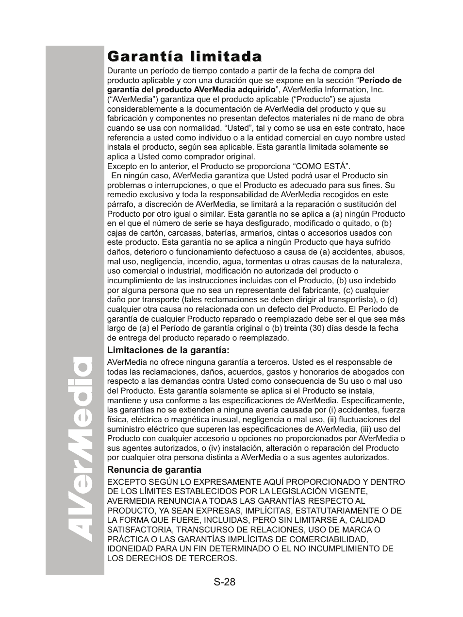 Garantía limitada | AVer CP300 User Manual | Page 159 / 192