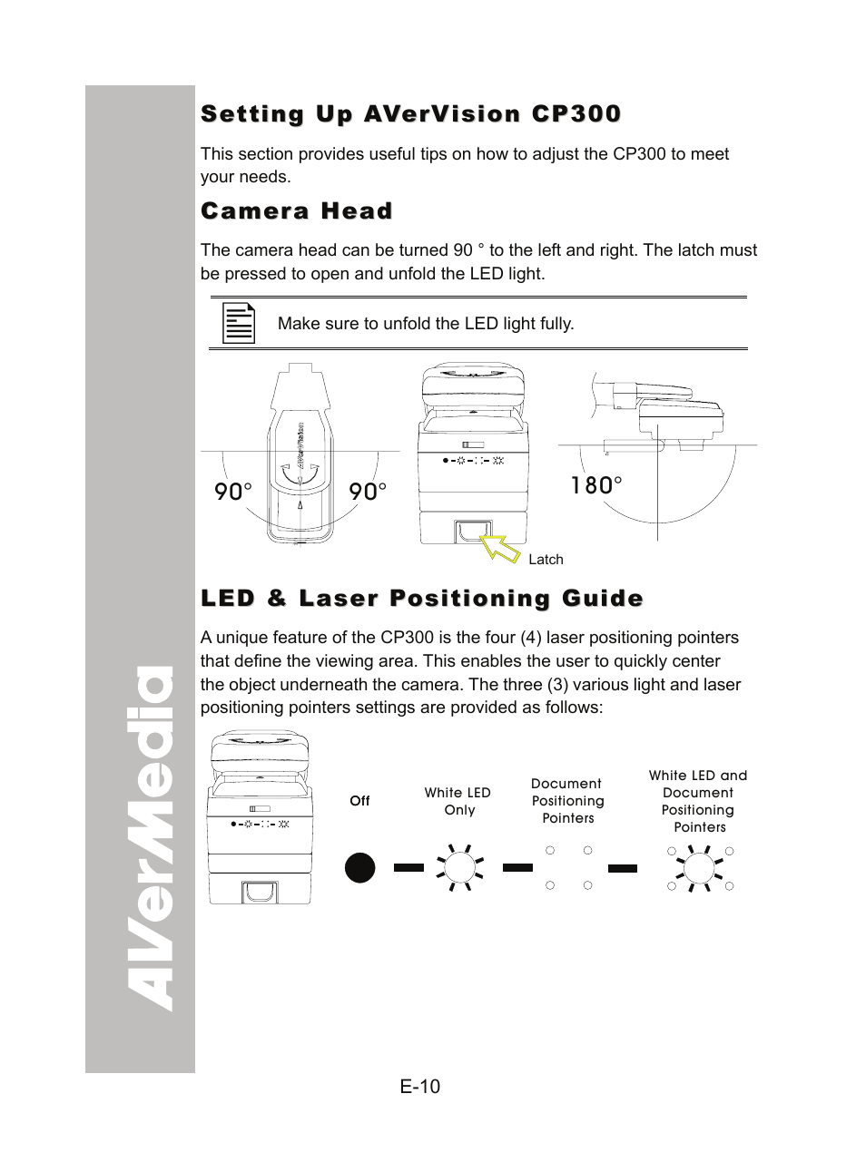 Setting up avervision cp300, Camera head, Led & laser positioning guide | AVer CP300 User Manual | Page 16 / 192