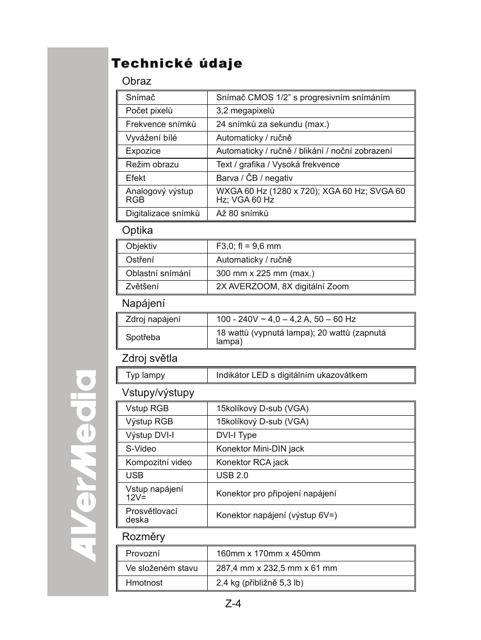 Technické údaje, Obraz, Optika | Napájení, Zdroj světla, Vstupy/výstupy, Rozměry | AVer CP300 User Manual | Page 168 / 192