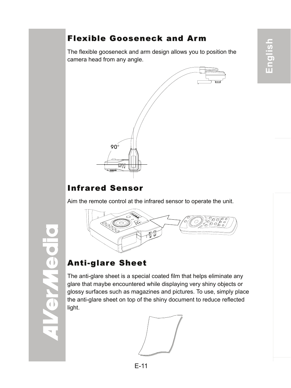 Flexible gooseneck and arm, Infrared sensor, Anti-glare sheet | AVer CP300 User Manual | Page 17 / 192