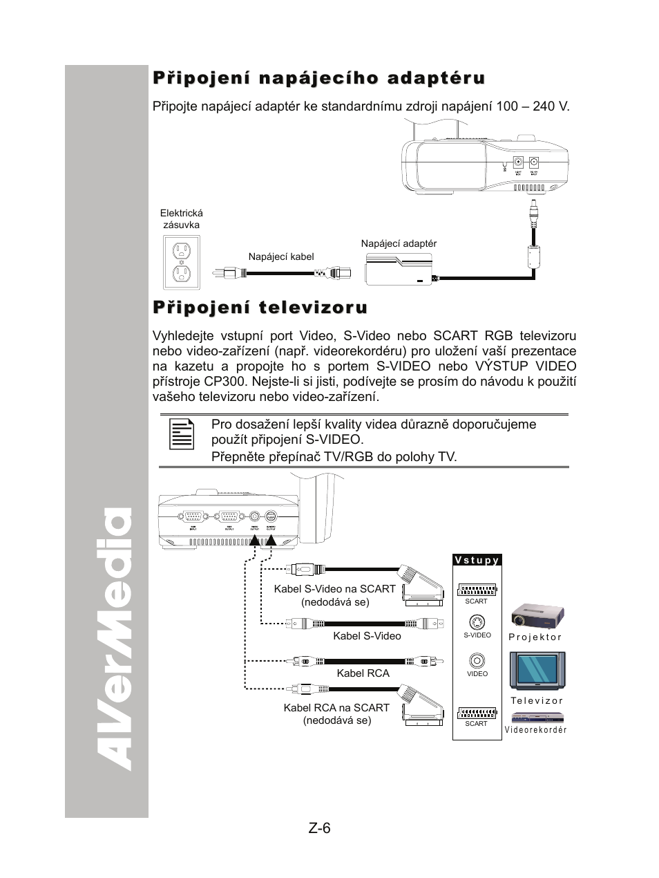 Připojení napájecího adaptéru, Připojení televizoru | AVer CP300 User Manual | Page 170 / 192