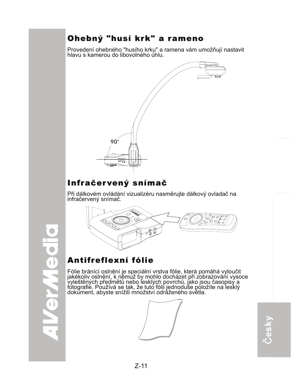 Ohebný "husí krk" a rameno, Infračervený snímač, Antifreflexní fólie | AVer CP300 User Manual | Page 175 / 192