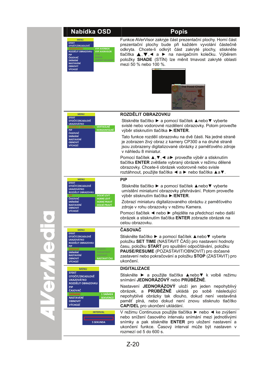 Z-20, Nabídka osd, Popis | AVer CP300 User Manual | Page 184 / 192