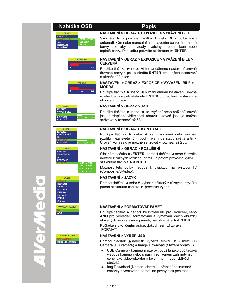 Z-22, Nabídka osd, Popis | AVer CP300 User Manual | Page 186 / 192