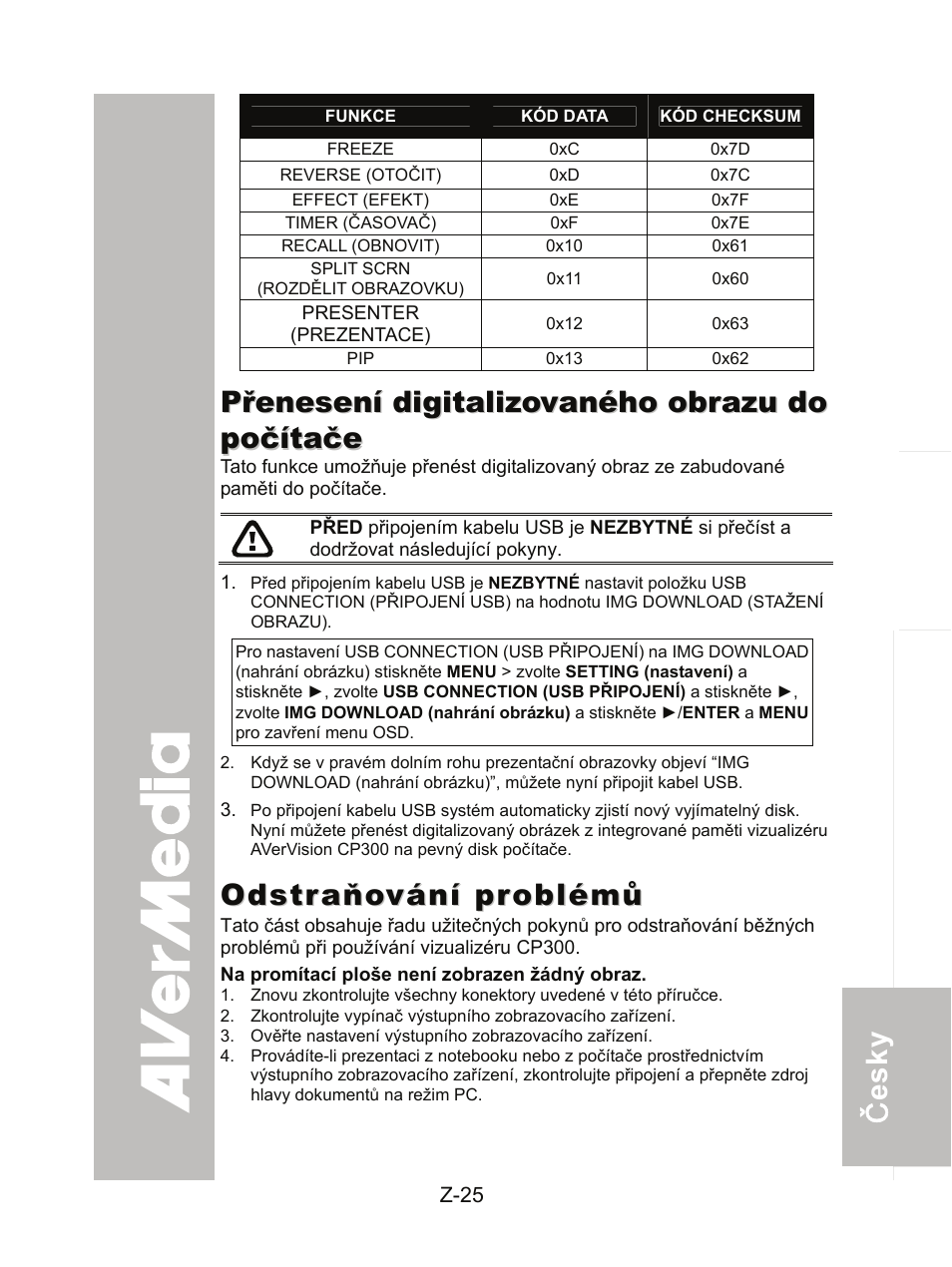 Odstraňování problémů, Přenesení digitalizovaného obrazu do počítače | AVer CP300 User Manual | Page 189 / 192