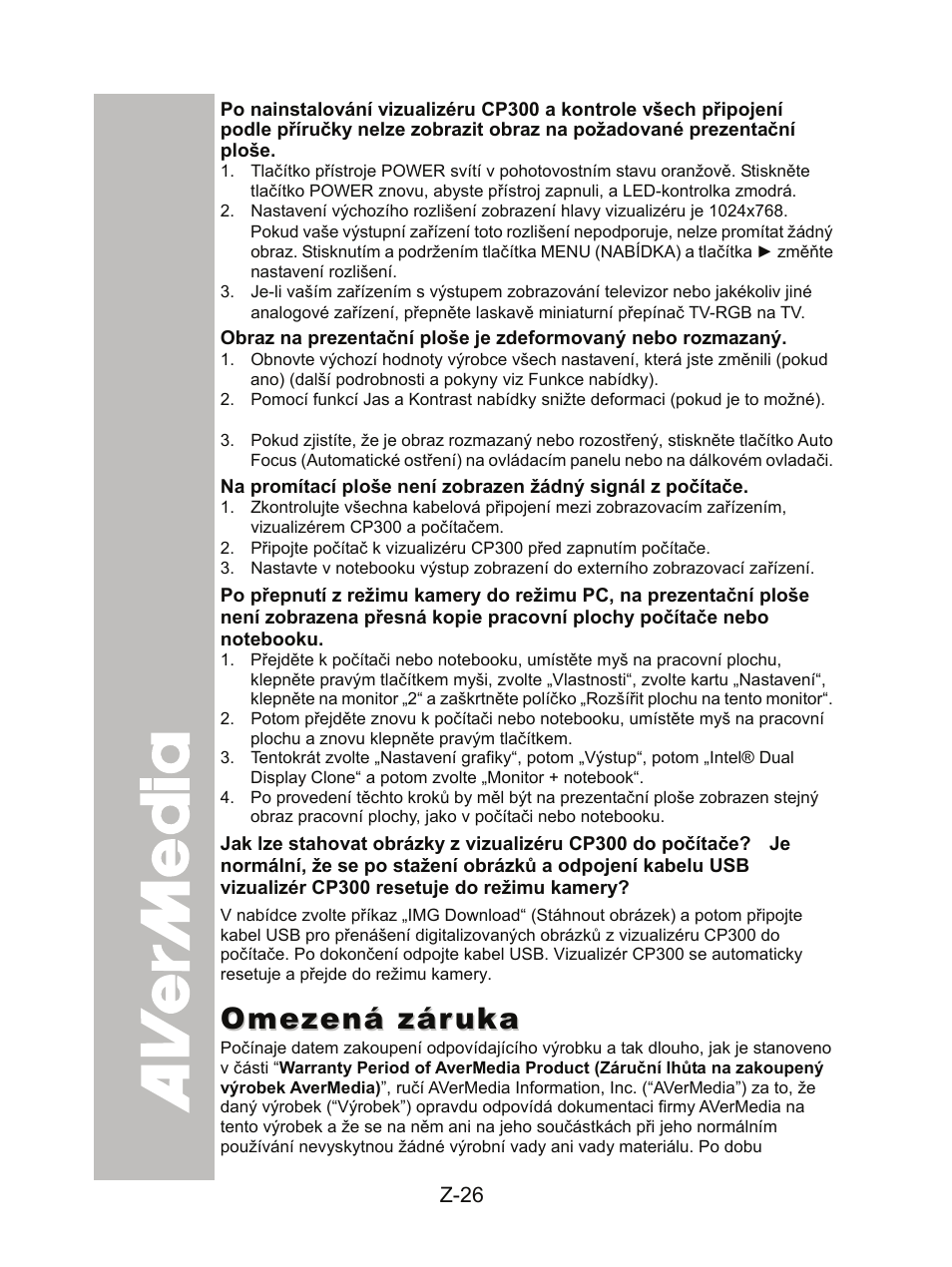 Omezená záruka | AVer CP300 User Manual | Page 190 / 192