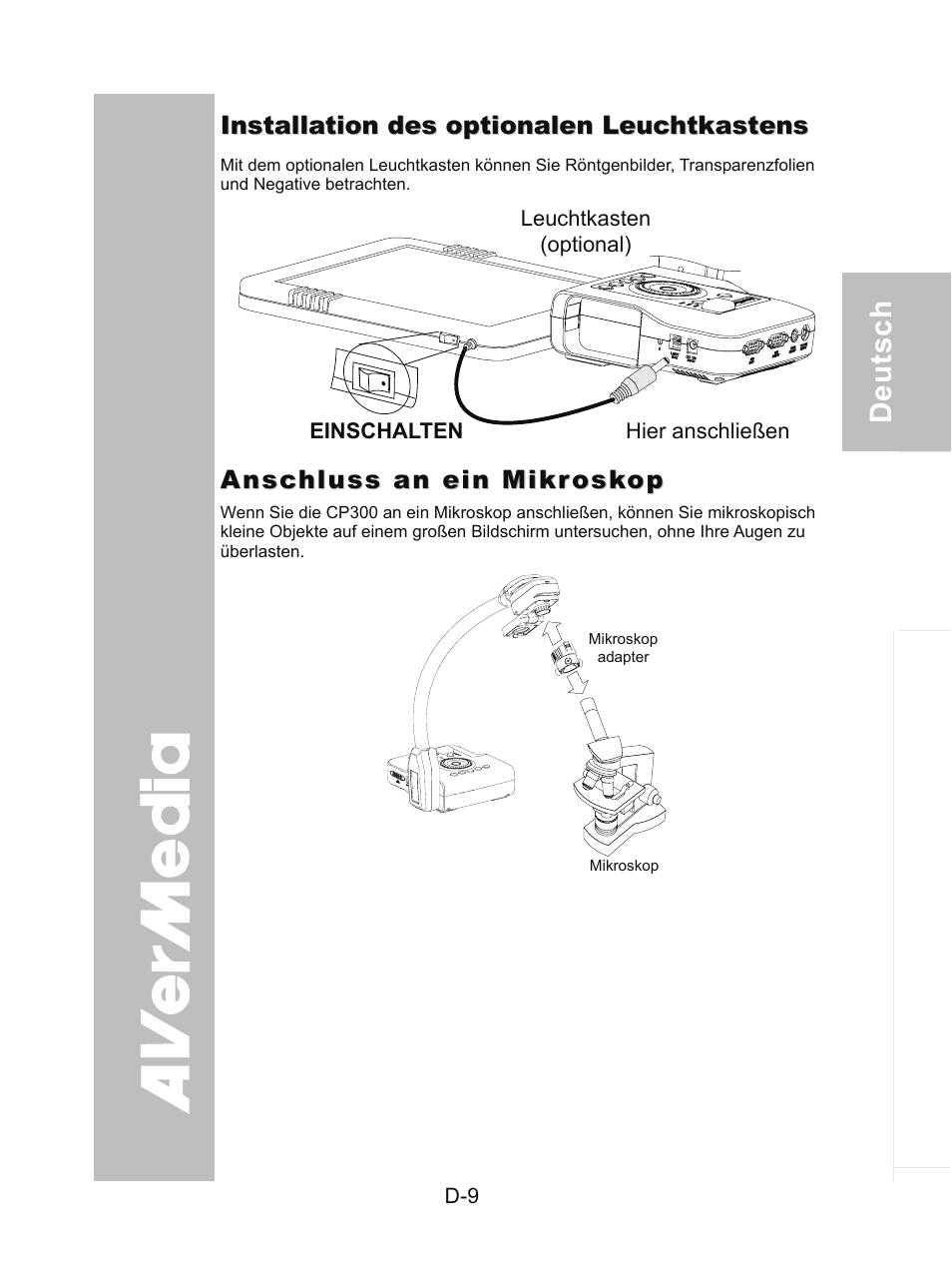 Installation des optionalen leuchtkastens, Anschluss an ein mikroskop | AVer CP300 User Manual | Page 45 / 192