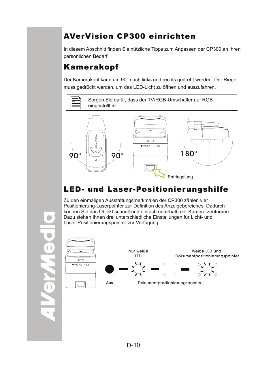 Avervision cp300 einrichten, Kamerakopf, Led- und laser-positionierungshilfe | AVer CP300 User Manual | Page 46 / 192