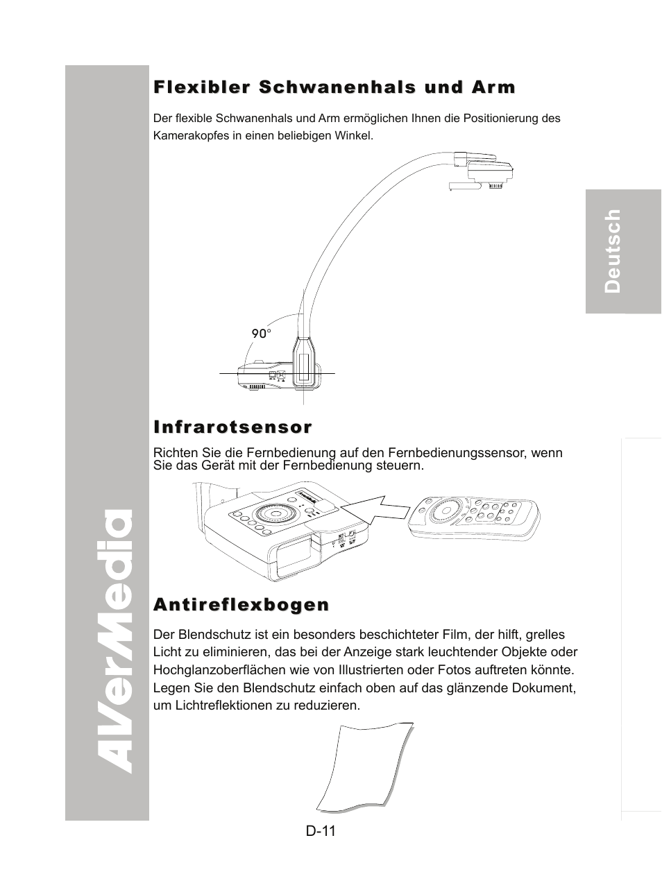 Flexibler schwanenhals und arm, Infrarotsensor, Antireflexbogen | AVer CP300 User Manual | Page 47 / 192