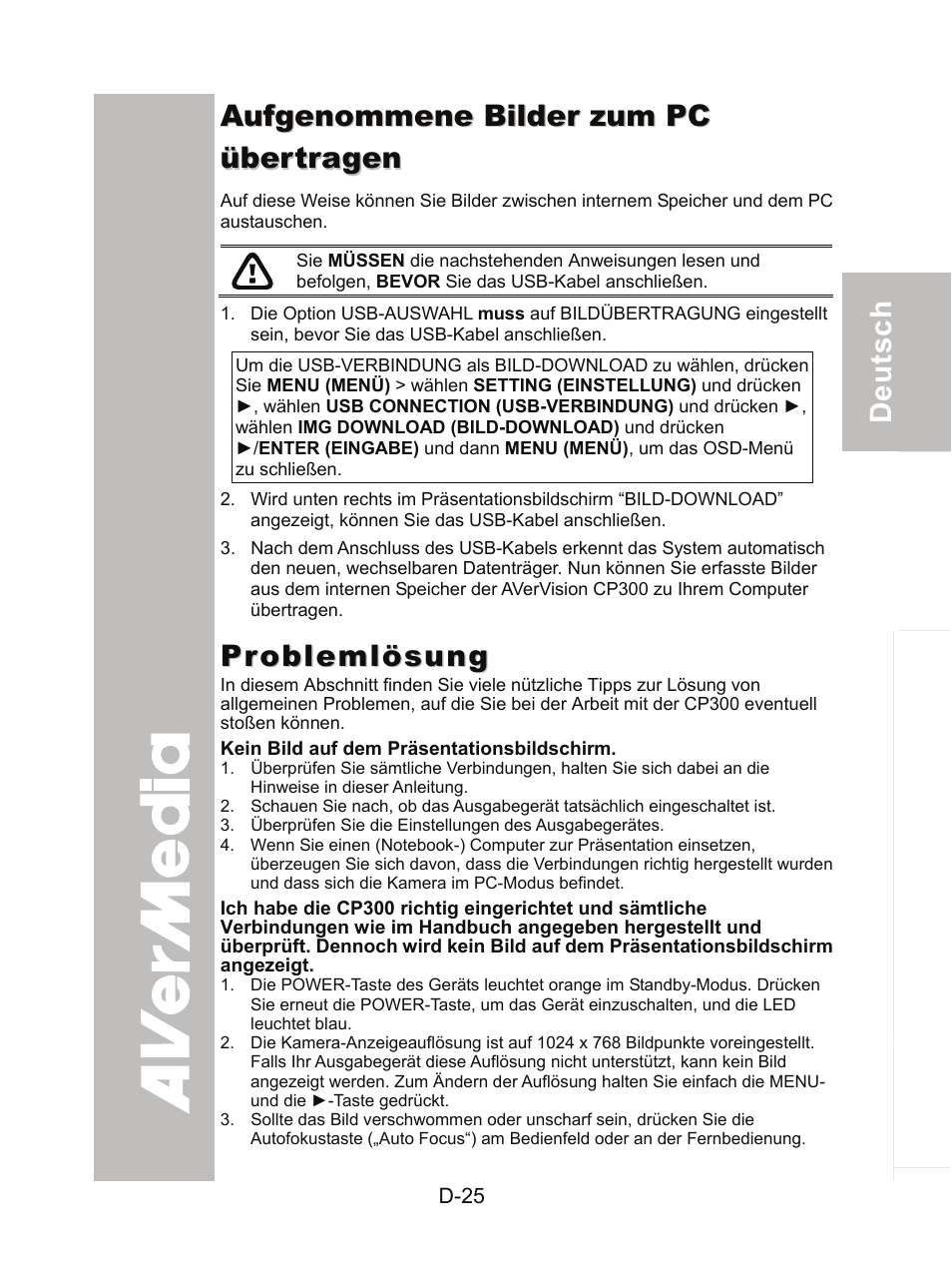 Aufgenommene bilder zum pc übertragen, Problemlösung | AVer CP300 User Manual | Page 61 / 192