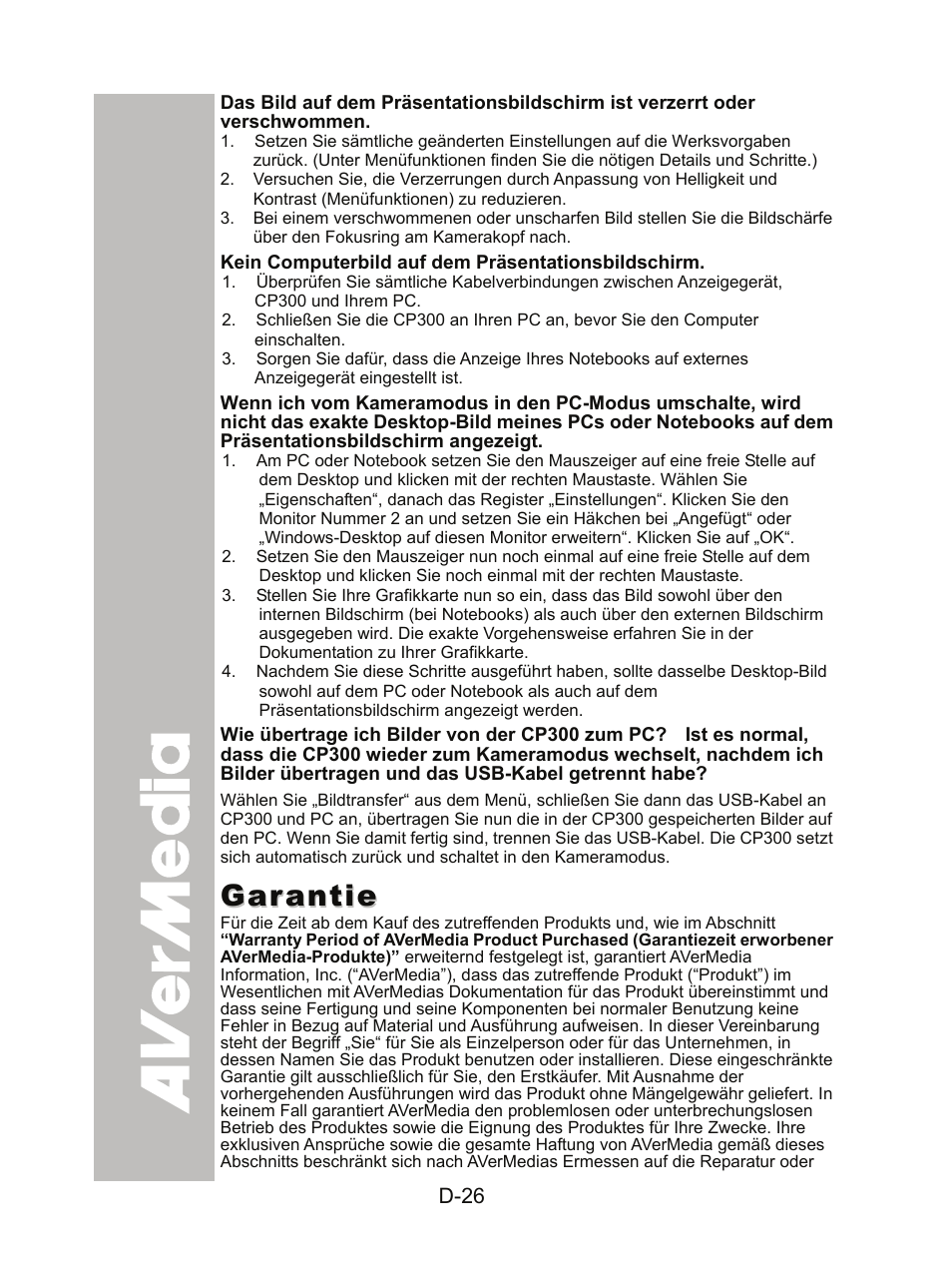 Garantie | AVer CP300 User Manual | Page 62 / 192