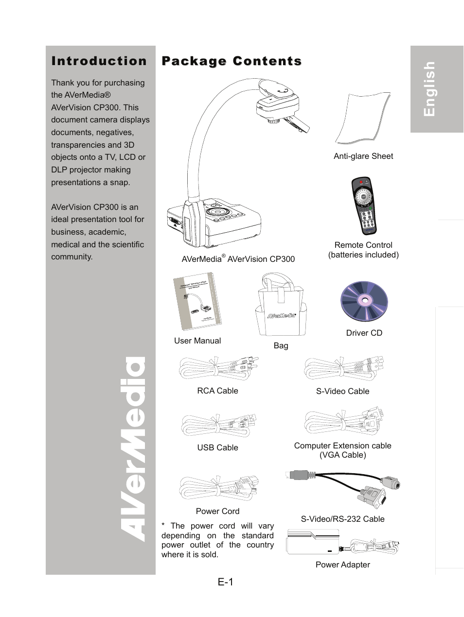 Introduction, Package contents | AVer CP300 User Manual | Page 7 / 192