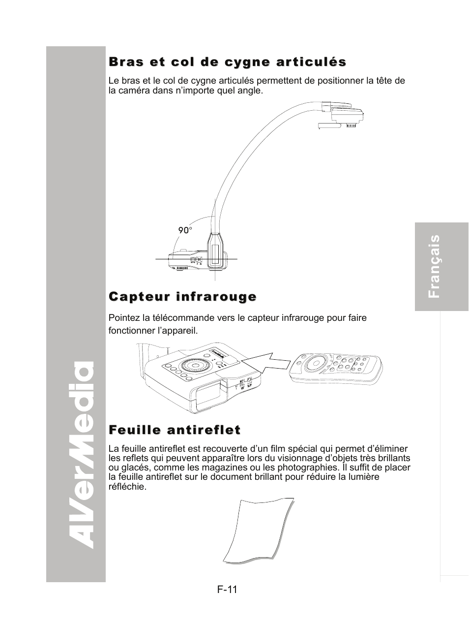 Bras et col de cygne articulés, Capteur infrarouge, Feuille antireflet | AVer CP300 User Manual | Page 78 / 192
