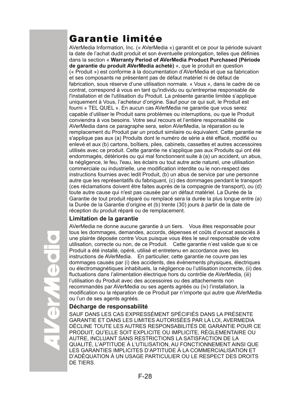 Garantie limitée | AVer CP300 User Manual | Page 95 / 192