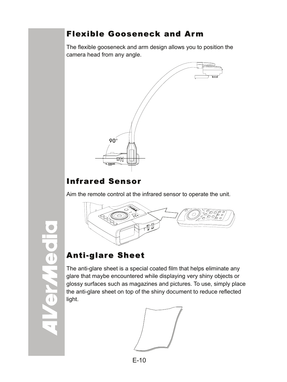 Flexible gooseneck and arm, Infrared sensor, Anti-glare sheet | AVer CP150 user manual User Manual | Page 14 / 26