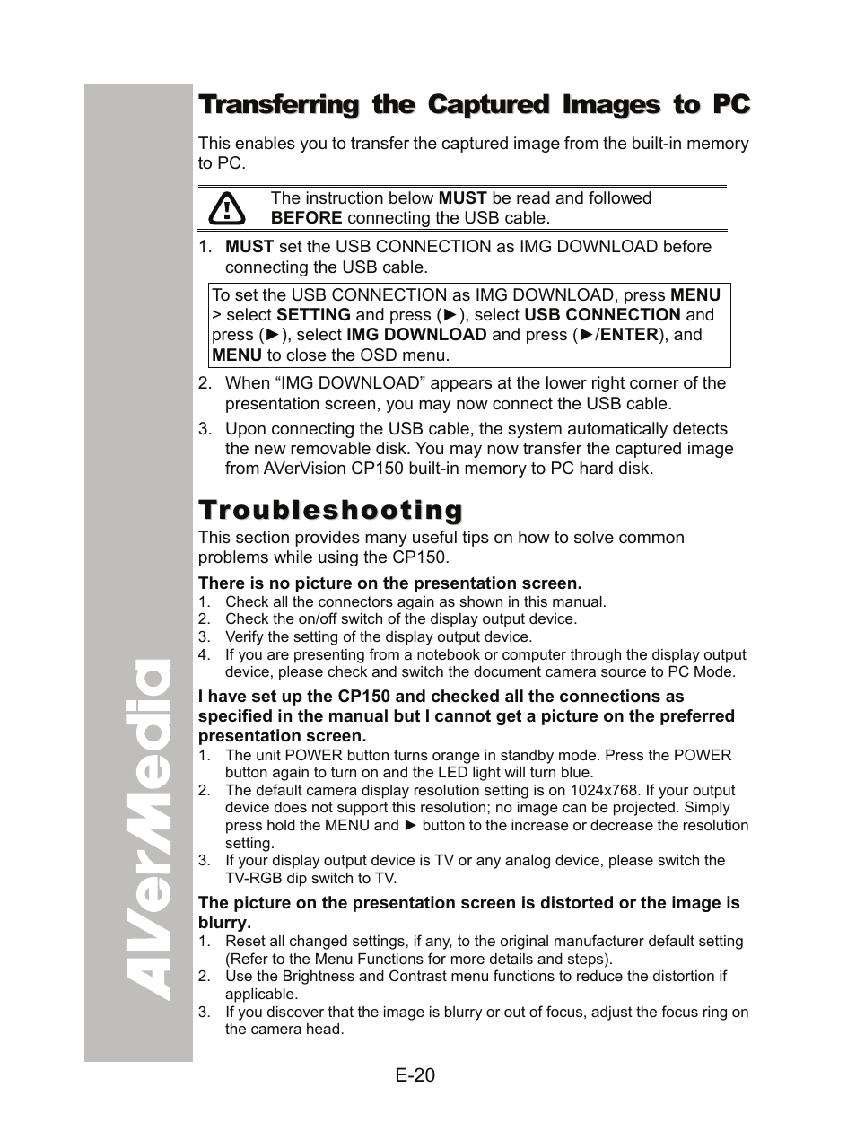 Transferring the captured images to pc, Troubleshooting | AVer CP150 user manual User Manual | Page 24 / 26