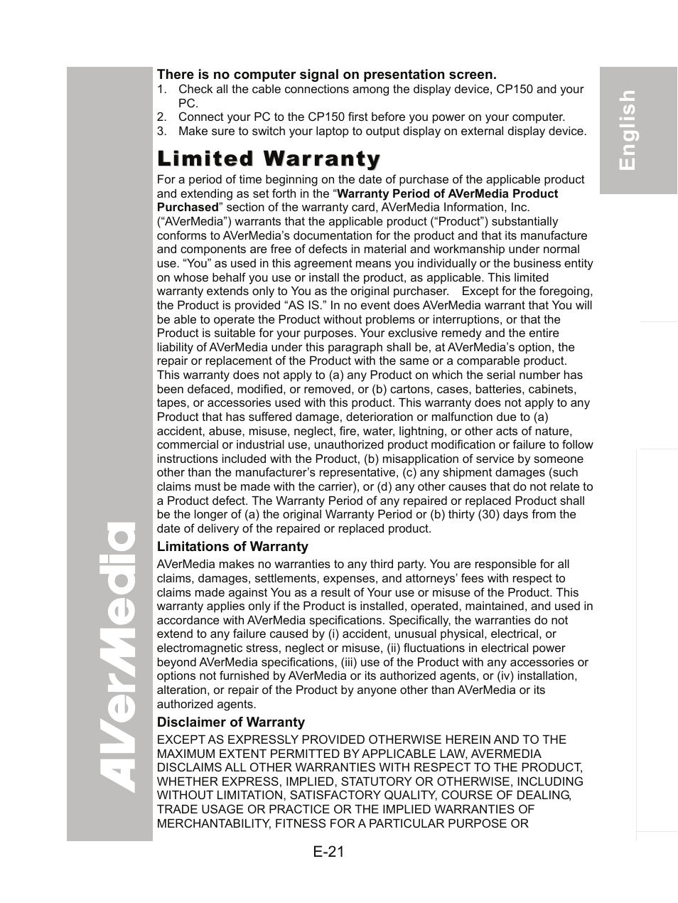 Limited warranty | AVer CP150 user manual User Manual | Page 25 / 26