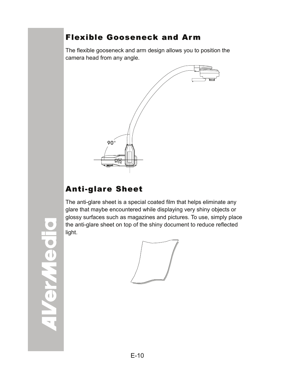 Flexible gooseneck and arm, Anti-glare sheet | AVer CP130 user manual User Manual | Page 14 / 23