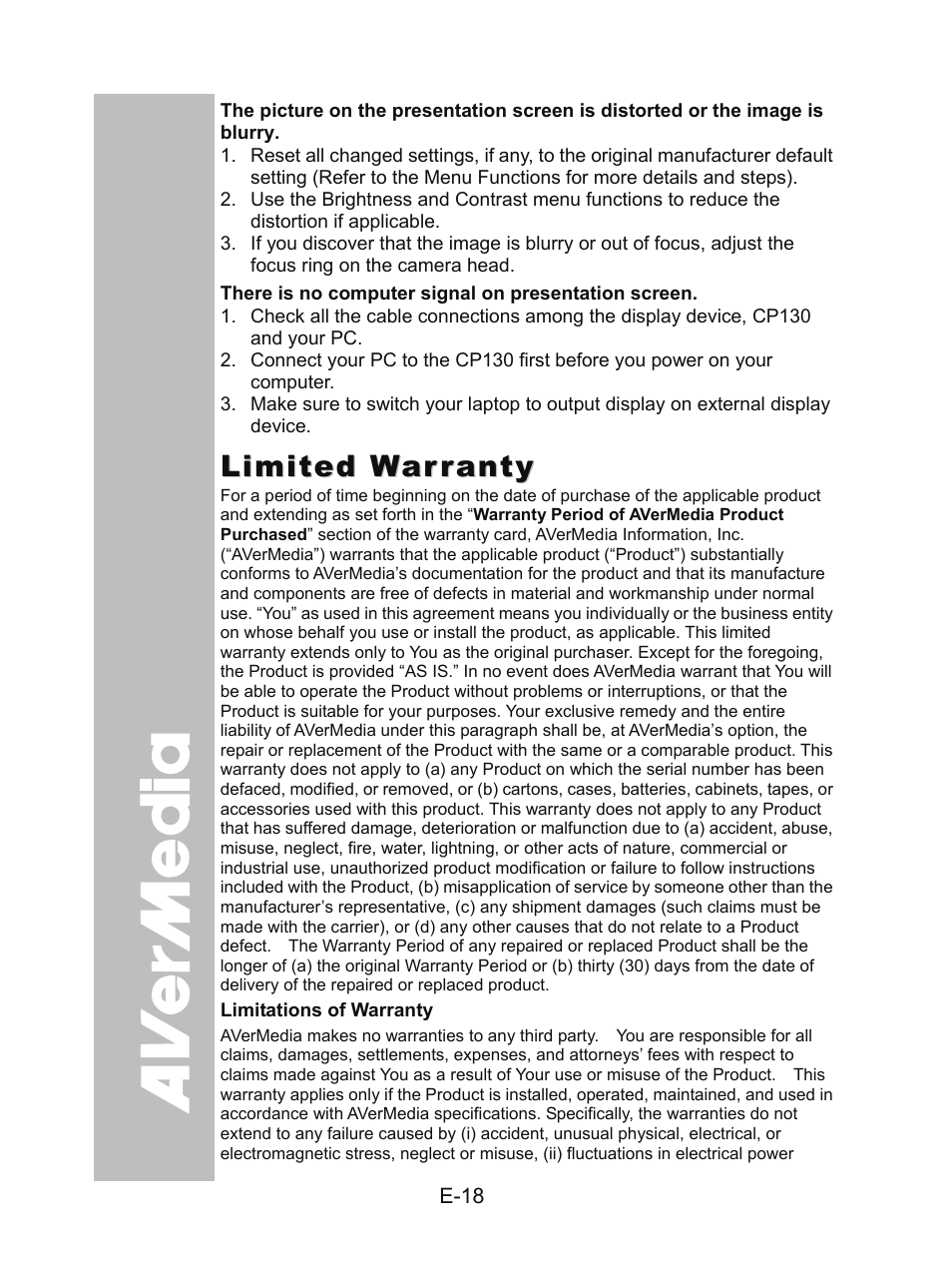 Limited warranty | AVer CP130 user manual User Manual | Page 22 / 23