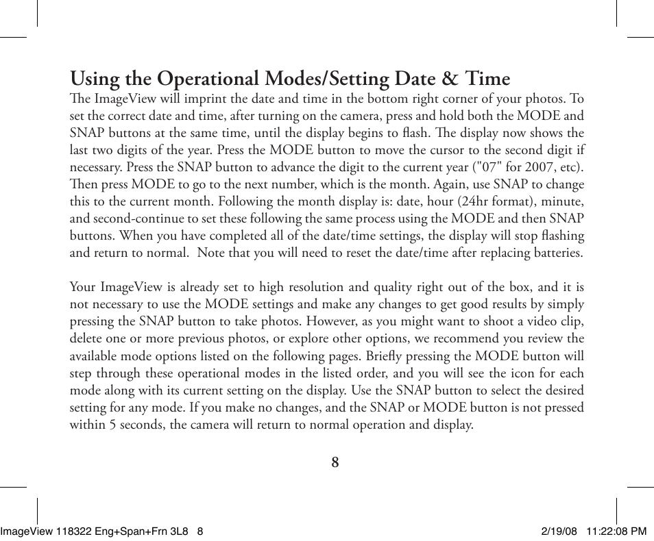 Using the operational modes/setting date & time | Bushnell 11-8322G User Manual | Page 8 / 52