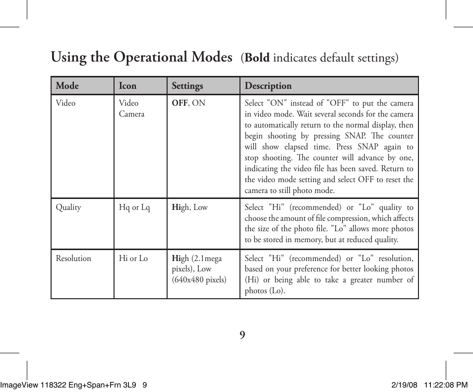 Using the operational modes, Bold indicates default settings) | Bushnell 11-8322G User Manual | Page 9 / 52