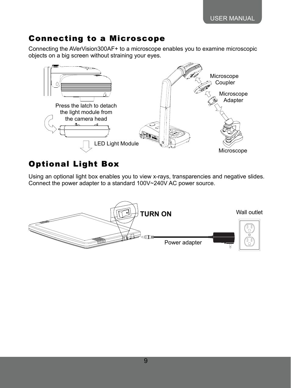 Connecting to a microscope, Optional light box | AVer 300AF user manual User Manual | Page 15 / 30