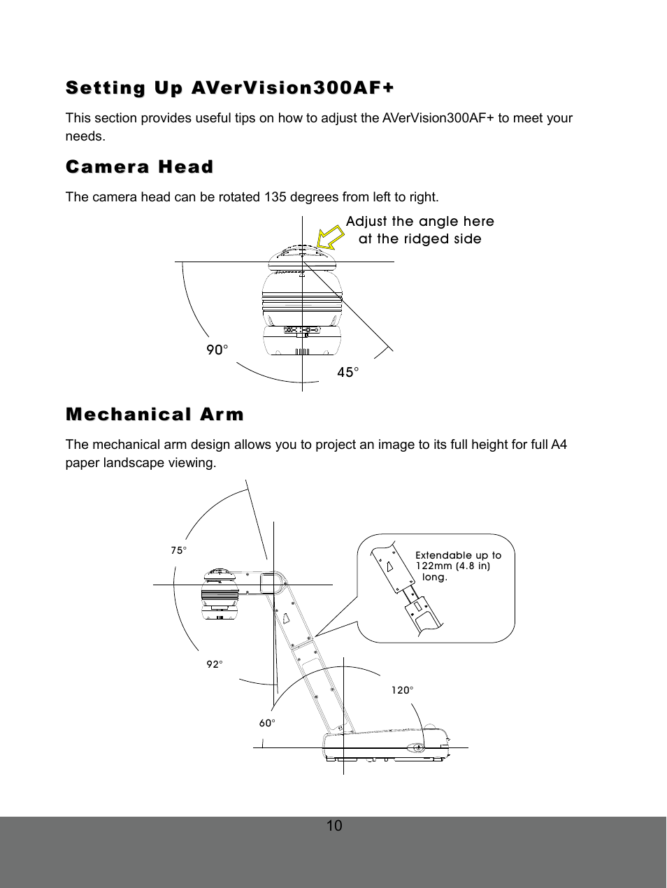 Setting up avervision300af, Camera head, Mechanical arm | AVer 300AF user manual User Manual | Page 16 / 30