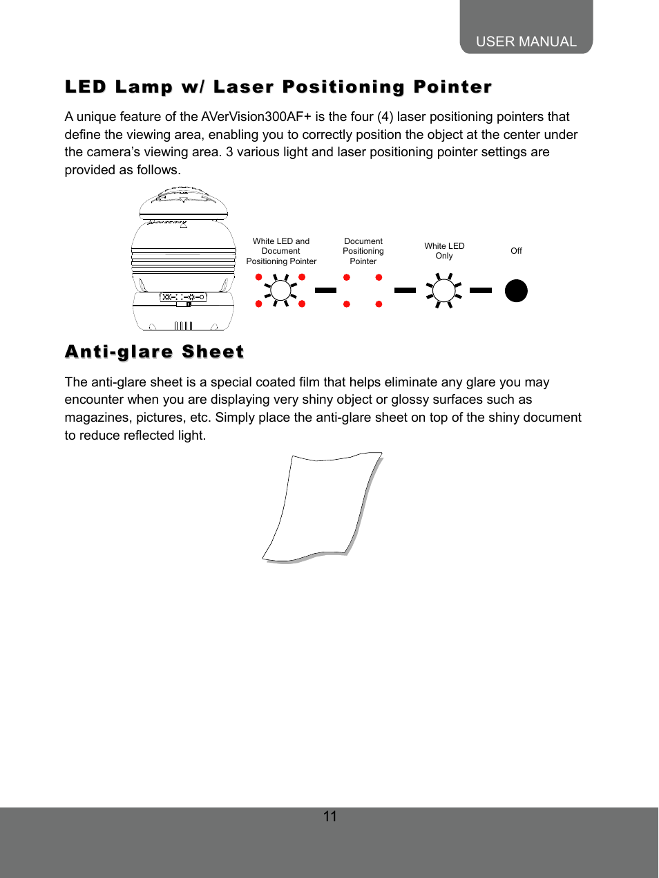 Led lamp w/ laser positioning pointer, Anti-glare sheet | AVer 300AF user manual User Manual | Page 17 / 30