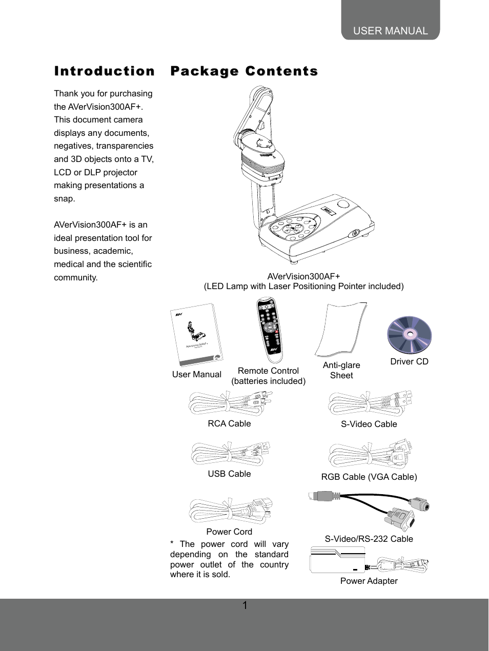 Introduction, Package contents | AVer 300AF user manual User Manual | Page 7 / 30