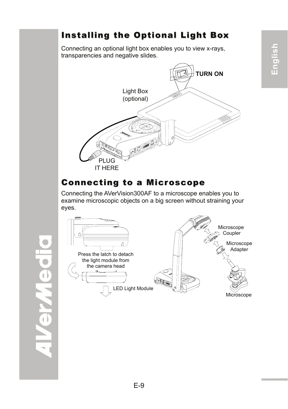 Installing the optional light box, Connecting to a microscope | AVer 300AF user manual User Manual | Page 15 / 144