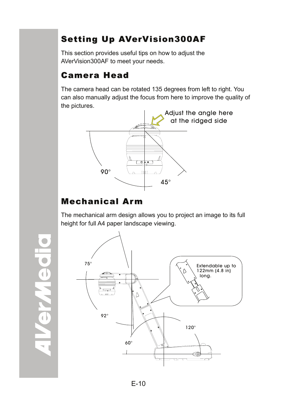 Setting up avervision300af, Camera head, Mechanical arm | AVer 300AF user manual User Manual | Page 16 / 144