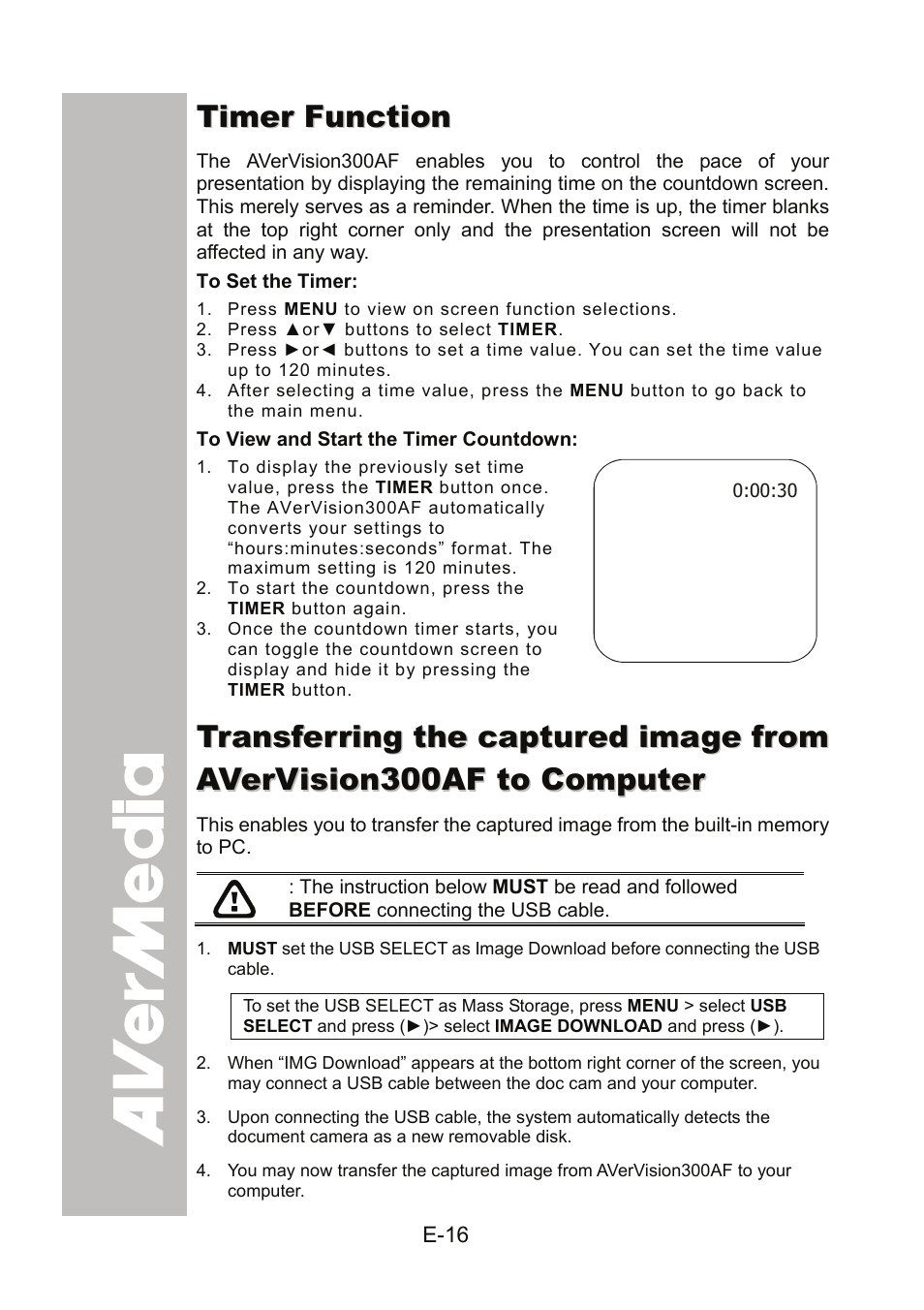 Timer function, To set the timer, To view and start the timer countdown | AVer 300AF user manual User Manual | Page 22 / 144