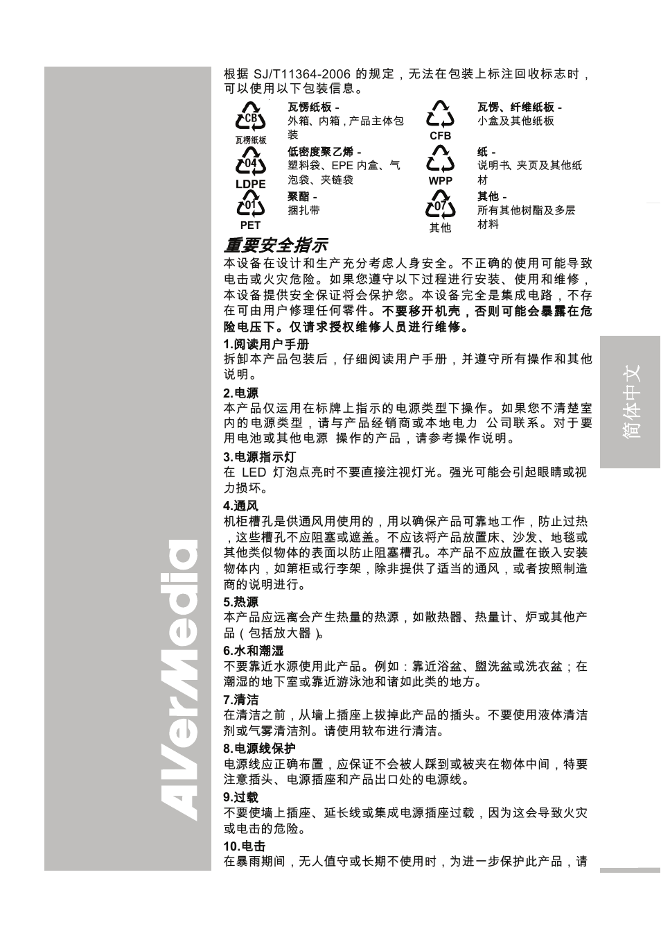 English 繁體中文 简体中文 日本語 ภาษ าไทย, 重要安全指示 | AVer 300AF user manual User Manual | Page 61 / 144