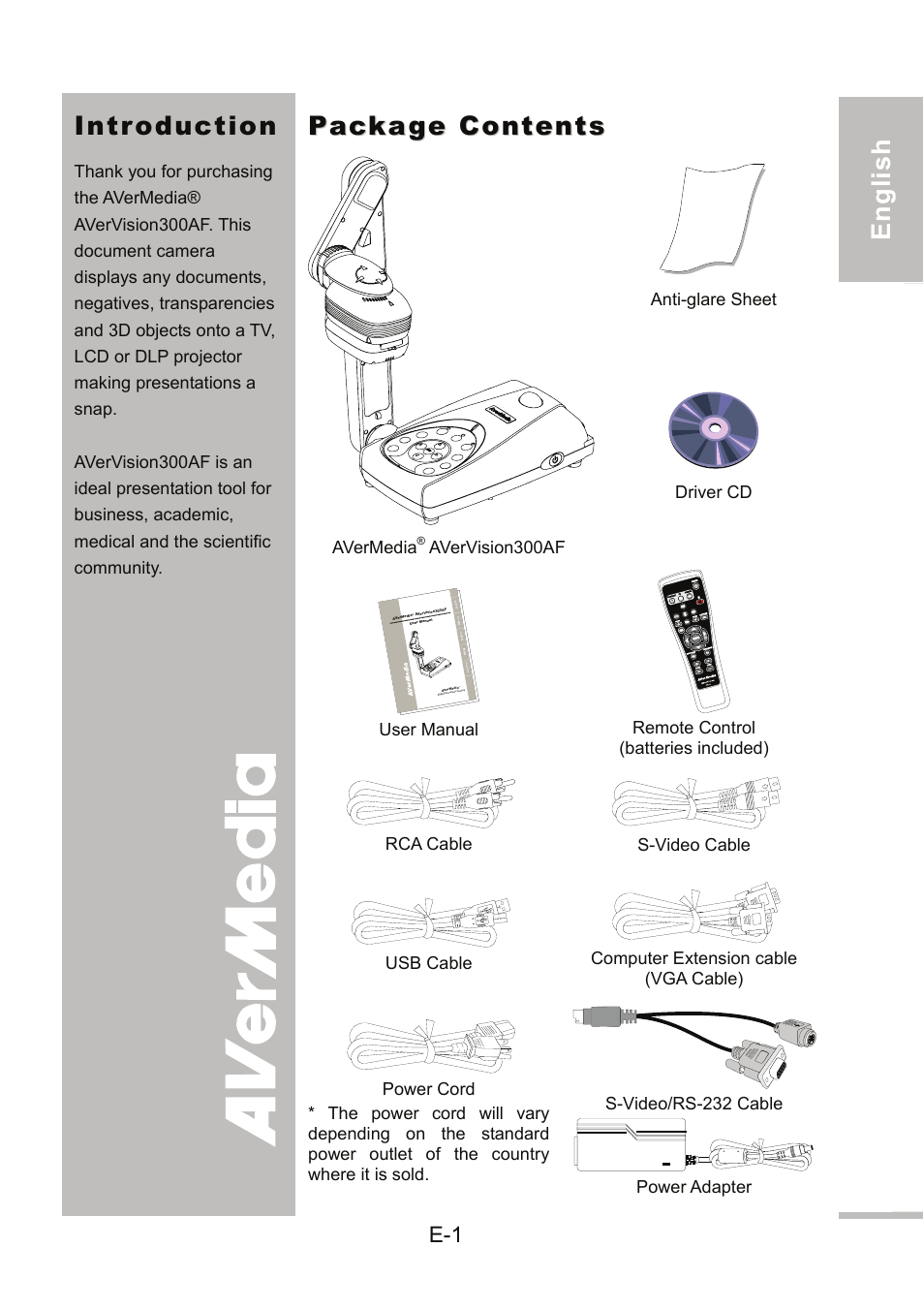 Introduction, Package contents, English 繁體中文 簡體中文 日本語 ภาษ าไทย | AVer 300AF user manual User Manual | Page 7 / 144