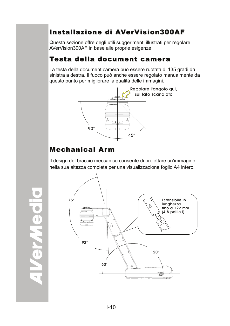 Installazione di avervision300af, Testa della document camera, Mechanical arm | AVer 300AF user manual User Manual | Page 100 / 170