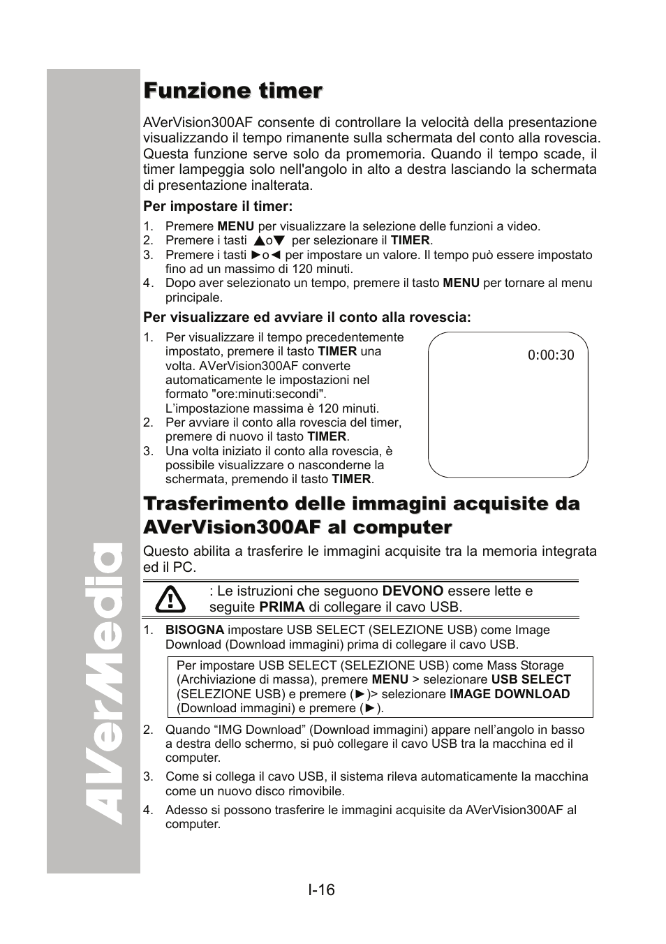 Funzione timer, Per impostare il timer, Per visualizzare ed avviare il conto alla rovescia | AVer 300AF user manual User Manual | Page 106 / 170