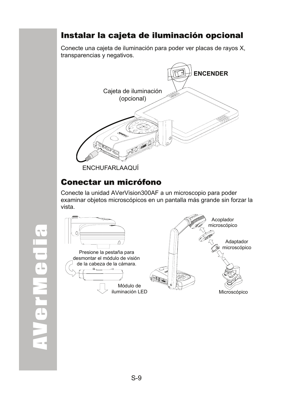 Instalar la cajeta de iluminación opcional, Conectar un micrófono | AVer 300AF user manual User Manual | Page 127 / 170